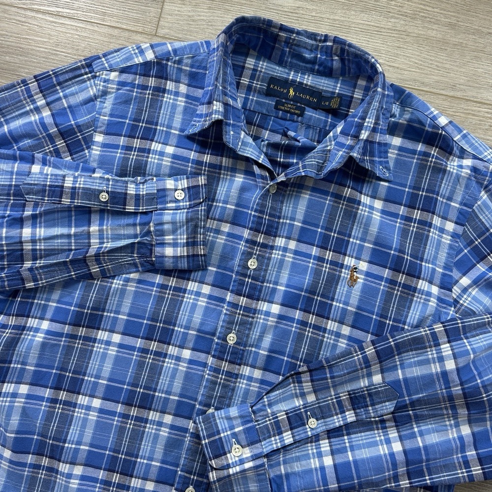 Polo Ralph Lauren Large Slim Fit Stretch Oxford Blue White Plaid Button Down